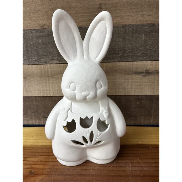 Unpainted Ceramic Bisque Bunny In Overalls Light Ready To Paint 12” - Picture 1 of 6